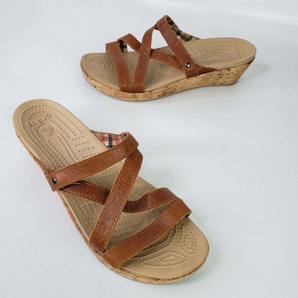 Crocs A-Leigh Mini Wedge Strappy Sandals Women’s Size 9 Brown Leather